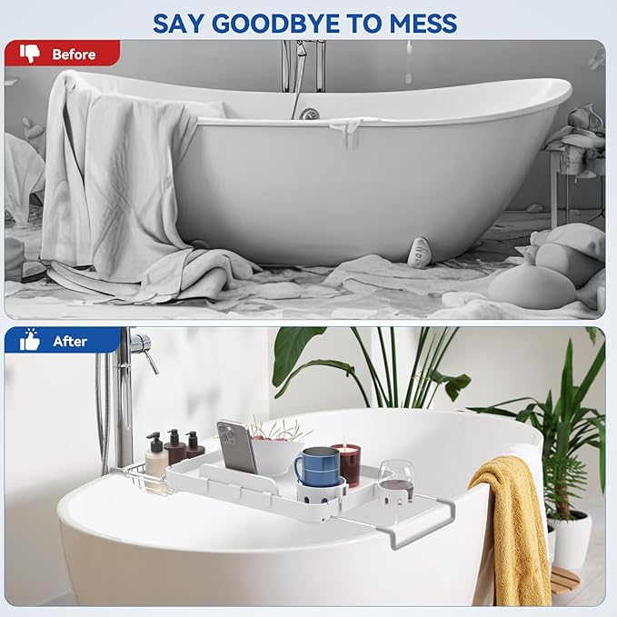 Bathtub Tray for Large Soaking Tub Table Tray Expandable Tub Shelf for Bathtub Caddy Bath Shelf Over Tub Luxury Bath Board Book Holder with Removable 2 Cup Holder Phone Metal Shower Caddy Basket White