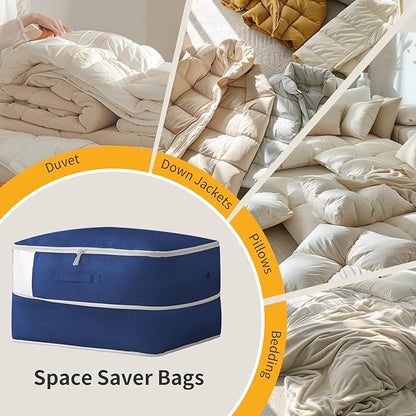 DIMJ Comforter Storage Bag 4 Pack - Blanket Storage Organizer Compression Bags, Large Capacity Ultra Space Saving Self Compression Organize for Bedding, Pillow, Duvet, Sheet Storage with Zipper Window