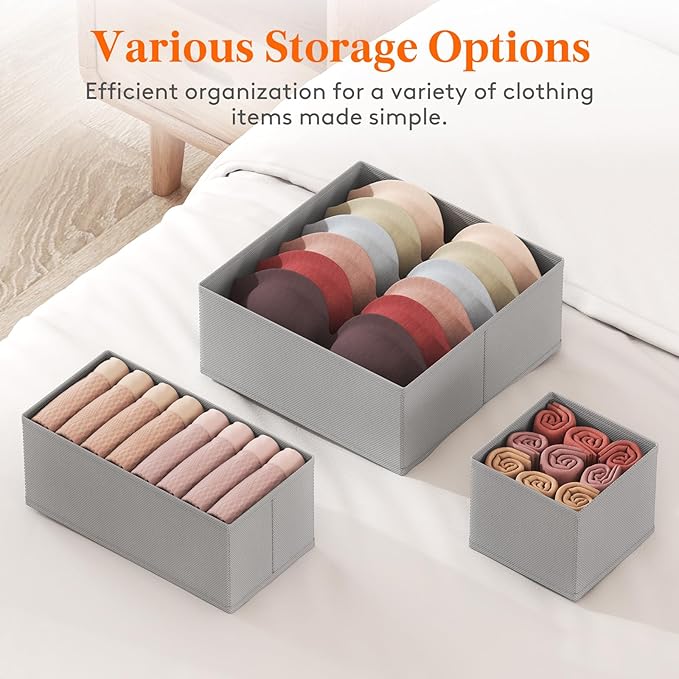 Lifewit Drawer Organizer Clothes for Closet 24 Pack, 3 Sizes Underwear Wardrobe Drawer Dividers, Fabric Foldable Dresser Storage Organizer Bins for Sock, Bra, Lingerie, Undies, Grey