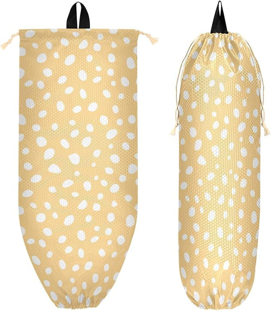 1 PC Plastic Bag Holder Wall Mount Grocery Bag Holder Shopping Bag Trash Bag Storage Organizer Dispenser for Kitchen Closet 22 x 9 Inch White Dots Yellow
