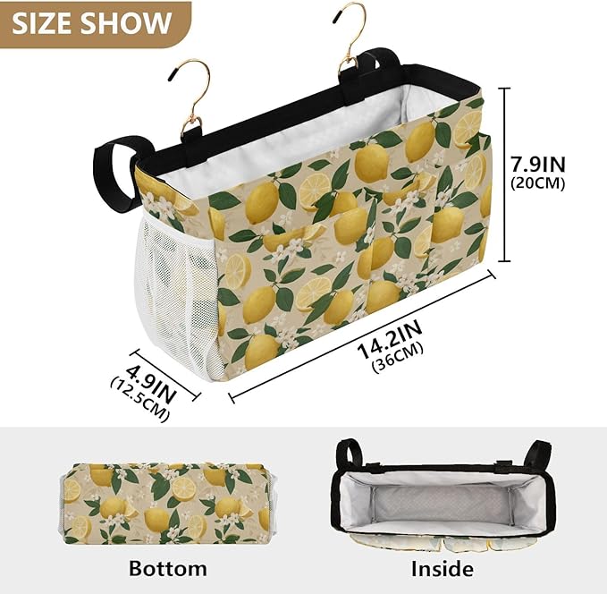 CuwrYet Bedside Caddy Hanging Bunk Bed Caddy Bed Organizer Hanging Pocket with 2 Hooks Bedside Storage Organizer Pocket Bag Holder Beige Lemons and Flowers