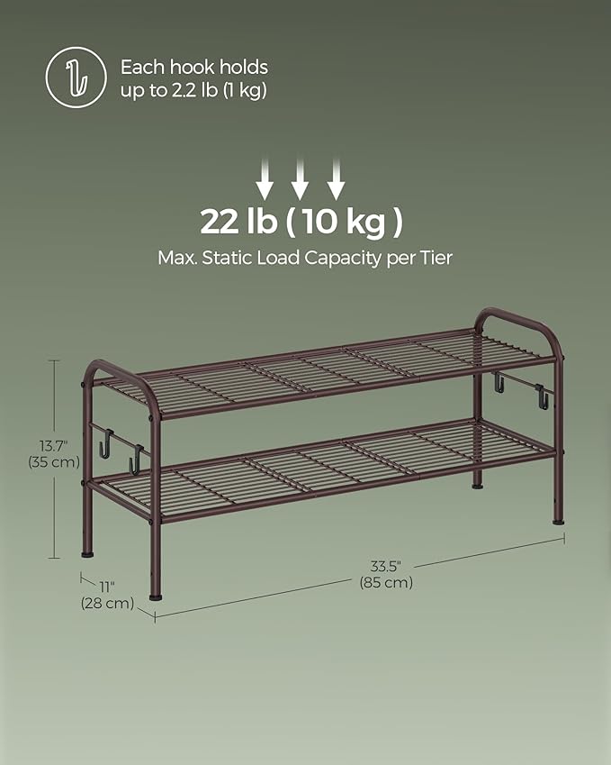 SONGMICS Shoe Rack, 2-Tier Shoe Organizer, Metal Shoe Shelf Storage with 4 Side Hooks, Holds 10 Pairs of Shoes, Height-Adjustable Shoe Rack for Entryway, Hallway, Closet, Chestnut Brown ULMR128A01