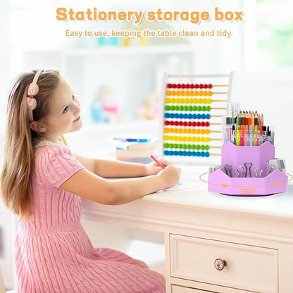 Pencil Pen Holder for Desk,9 Slots 360 Degree Rotating Desk Organizers,Desktop Storage Stationery Supplies Organizer, Cute Pencil Cup Pot For Office, School, Home(Purple)