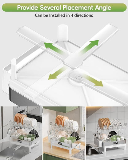 CosyPic 2 Tier Dish Drying Rack, Thicker Premium 304 Stainless Steel Dish Racks for Kitchen Counter, Automatic Drainage Spout, Dish Drainer & Drainboard Set with Utensil Holder and Cup Holder, White