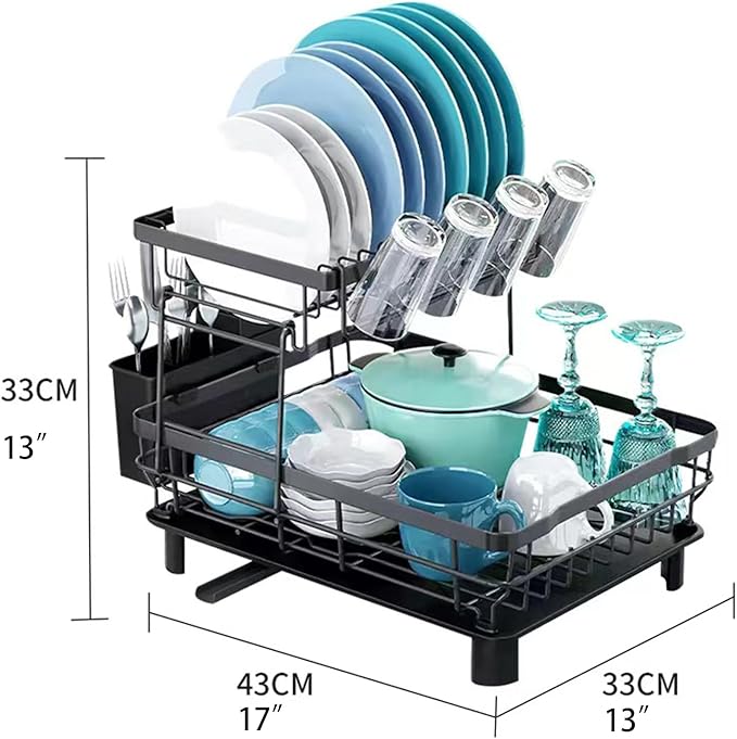 DMTXCRP Dish Drying Rack, Space Saving & Durable, Rust-Proof Large 2 Tier Stainless Steel Dish Racks for Kitchen Counter with Cutlery & Cup Holder & Drainboard -Grey