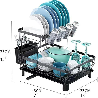 DMTXCRP Dish Drying Rack, Space Saving & Durable, Rust-Proof Large 2 Tier Stainless Steel Dish Racks for Kitchen Counter with Cutlery & Cup Holder & Drainboard -Grey