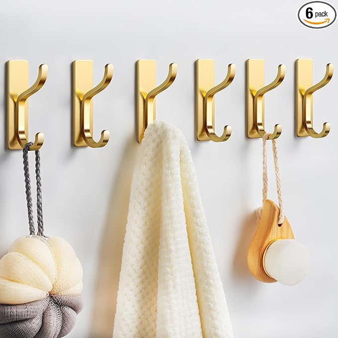 niffgaff Wall Hooks for Coat and Towel: 13lb Adhesive Door Hanger Stick On, Sticky Hook for Wall, Closet, Bathroom - Stainless Steel, Brushed Gold, 6 Pack