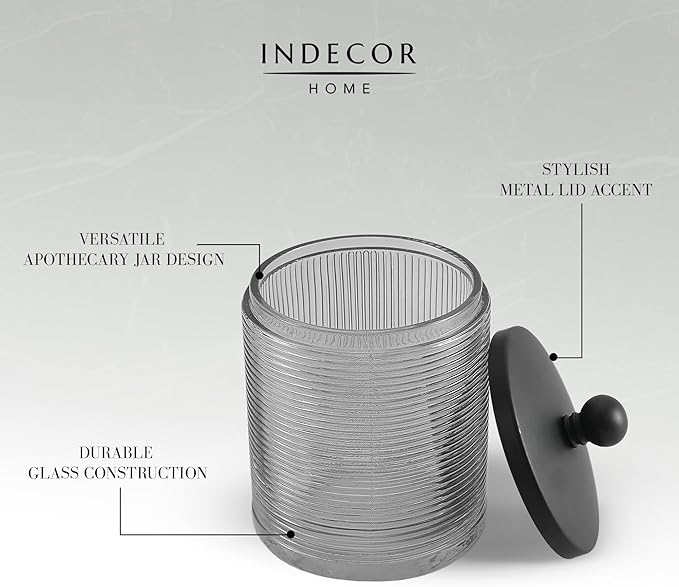 Indecor Home Gray Colored Tranlucent Apothecary Ribbed Geo Etched Glass Jar W/Matte Black Metal Lid Cover for Bathroom Organization, Cotton Balls, Q Tips, and Small Accessories, Bathroom Storage