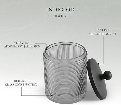 Indecor Home Gray Colored Tranlucent Apothecary Ribbed Geo Etched Glass Jar W/Matte Black Metal Lid Cover for Bathroom Organization, Cotton Balls, Q Tips, and Small Accessories, Bathroom Storage