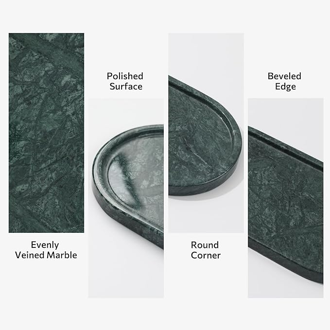 Faticdorr Green Marble Tray, 2 Pcs, Marble Vanity Tray, Bathroom, Decor for Trinket Perfume Jewelry Candle, 12 Inch Oval