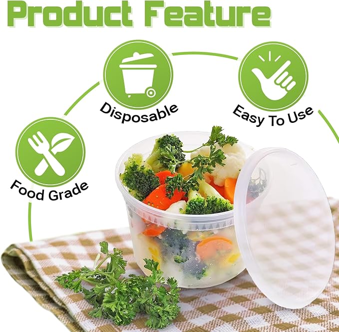 Slomg 60 Pack 16oz Plastic Deli Containers with Lids, Disposable Food Storage Containers for Soup Meal Prep Leftover, To Go Takeout Quart Bowls for Restaurant Kitchen Microwave Dishwasher Freezer Safe