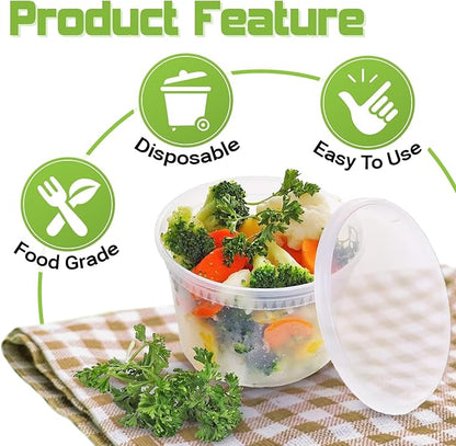 Slomg 60 Pack 16oz Plastic Deli Containers with Lids, Disposable Food Storage Containers for Soup Meal Prep Leftover, To Go Takeout Quart Bowls for Restaurant Kitchen Microwave Dishwasher Freezer Safe