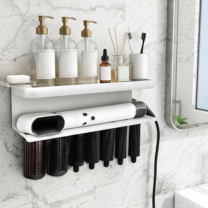 Wall Mount Holder for Hair Dryer Styler, White Storage Rack Organizer for Hair Curling Iron & Attachments – Space-Saving Bathroom Bracket Stand, No-Drill Installation