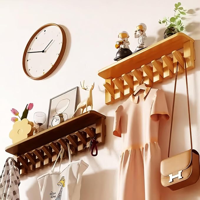 Wall Mounted Coat RackHooks Piano Key Hangers Natural Solid Wood Hanger Non-Woven Fabric Clothes Hangers for Closet, Kitchen, Bedroom, Bathroom, Entryway (Tray-Walnut, 10 Hooks)