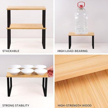 Kitchen Cabinet Organizer Shelf, Set of 2 Stackable Counter Shelves, Small Wood Cabinet Riser Shelf for Pantry Cupboard Spice Dish Mug Cup, Expandable, Metal Engineered Wood (Beige & Black, 11.7''W)