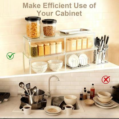 Clear Kitchen Cabinet Organizer, Set of 4 Acrylic Shelves Organizer for Pantry Organizers and Storage, Tiered Spice Organization for Cabinet, Stackable Cabinet Organizer Shelf for Desk Countertop