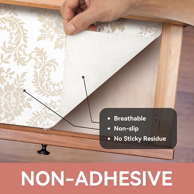 RAY STAR Shelf Liner, Non Adhesive Golden Damask Floral Cabinet Liner for Pantry Drawer, Strong Grip Non Slip Waterproof, Shelf Liners for Kitchen Cabinets Organization 18 Inch x 8 FT (3 Rolls)