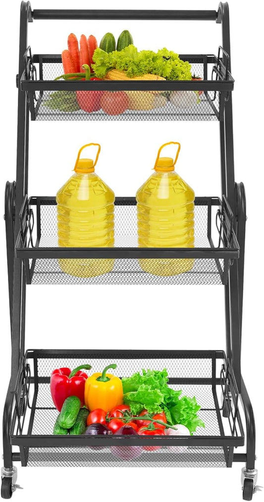 3 Tier Adjustable Storage Carts, Movable Utility Cart, Metal Rolling Cart, Multi-Functional Storage Trolley w/Wheels, Storage Shelves for Kitchen/Bathroom/Bedroom/Office (Black)