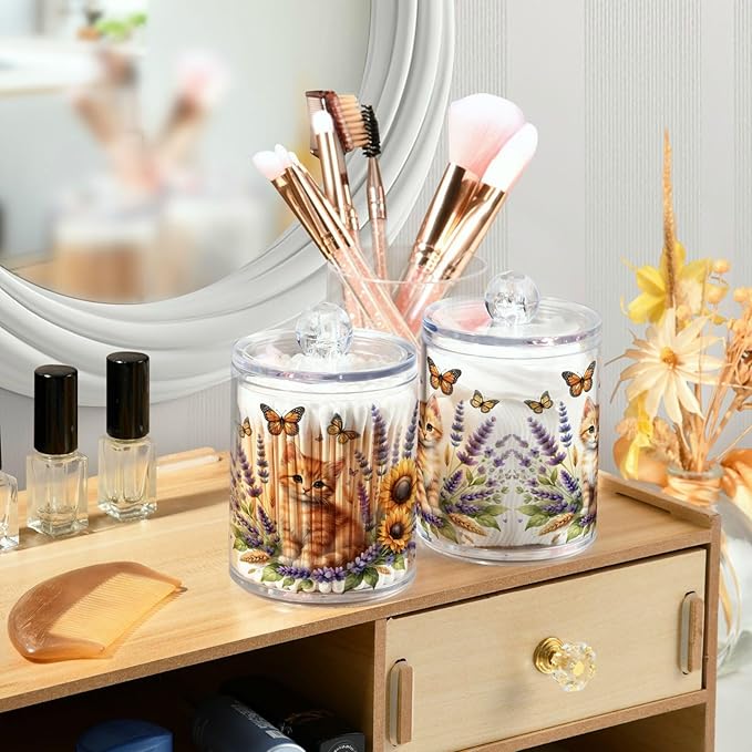 MNSRUU 2 Pack Qtip Holder Organizer Dispenser Cute Ginger Kitten and Flowers Pink Bathroom Storage Canister Cotton Ball Holder Bathroom Containers for Cotton Swabs/Pads/Floss