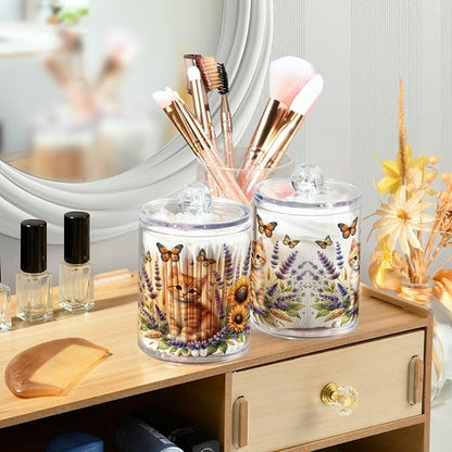 MNSRUU 4 Pack Qtip Holder Organizer Dispenser Cute Ginger Kitten and Flowers Pink Bathroom Storage Canister Cotton Ball Holder Bathroom Containers for Cotton Swabs/Pads/Floss