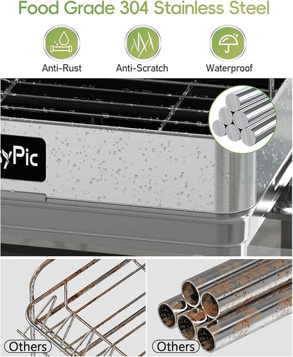 CosyPic 2 Tier Dish Drying Rack, Thicker Premium 304 Stainless Steel Dish Racks for Kitchen Counter, Automatic Drainage Spout, Dish Drainer & Drainboard Set with Utensil Holder and Cup Holder, Grey