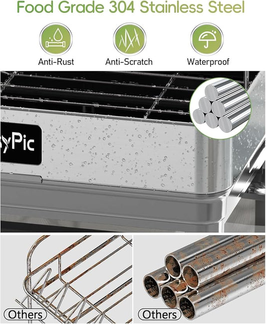 CosyPic 2 Tier Dish Drying Rack, Thicker Premium 304 Stainless Steel Dish Racks for Kitchen Counter, Automatic Drainage Spout, Dish Drainer & Drainboard Set with Utensil Holder and Cup Holder, Grey