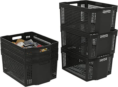 6-Pack Large Plastic Deep Stacking Baskets, Black Storage Baskets, Multi-Purpose, Ideal for Closets, Cabinets, Shelves, Countertops