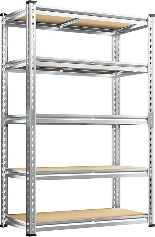 REIBII Garage Shelving, 5 Tier Storage Shelves Load 2400LBS, Adjustable Garage Shelves Heavy Duty, Metal Shelving Unit with Waterproof Columns for Warehouse, 35.5" W x 11.9" D x 72" H, Galvanized