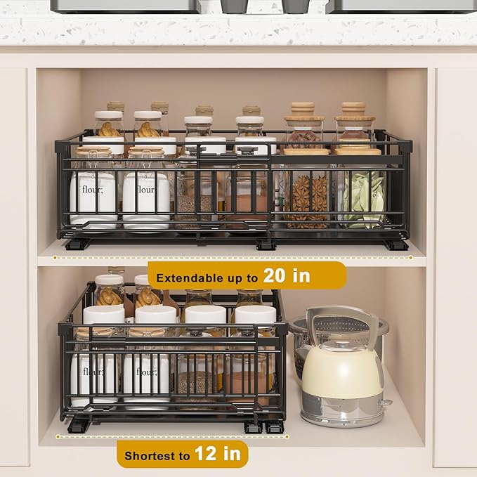 REALINN 2 Pack Pull Out Cabinet Organizer, Expandable(12"-20") Slide Out Drawers 3 Slide Rails Fix with Adhesive or Screw, Roll Out Shelves for Kitchen Cabinet Organization, Black, 6.75in height