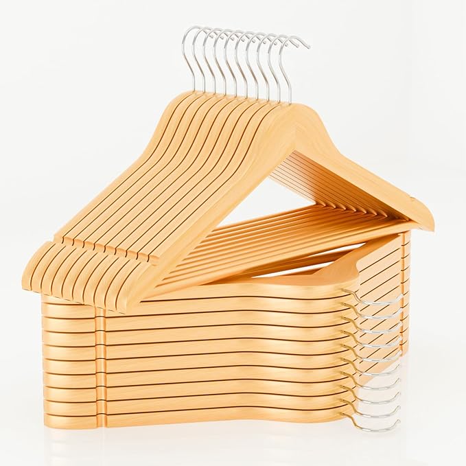 Natural Wooden Coat Hangers, Durability Wood Suit Hangers with Non Slip Pant Bar, Solid Wooden Clothes Hangers with Wide Shoulder Design for Shirts, Jackets, Dress, Pants, Sweaters, 30 Pack