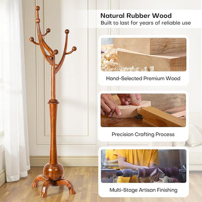 Wooden Coat Rack Freestanding with 8 Hooks, Heavy Duty Coat Hanger Stand with Stable Base, Vintage Coat Tree Standing Coat Racks for Entryway, Hallway, Bedroom (Light Brown)