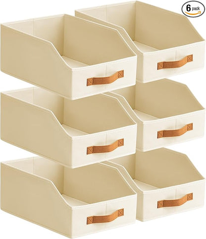Fabric Storage Bins for Organizing - 6 Pack Large Trapezoid Collapsible Storage Bins with Front Handle, Closet Organizers and Storage for Bedroom, Home Shelves, Small Spaces, Beige