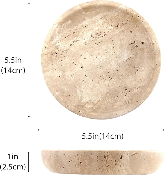 Plukers Small Natural Marble Jewelry Tray Key Plate Holder Dish Trinket Decor Catch All Bowl for Ring Earring Stone Gift for Women Daugther,Beige Travertine