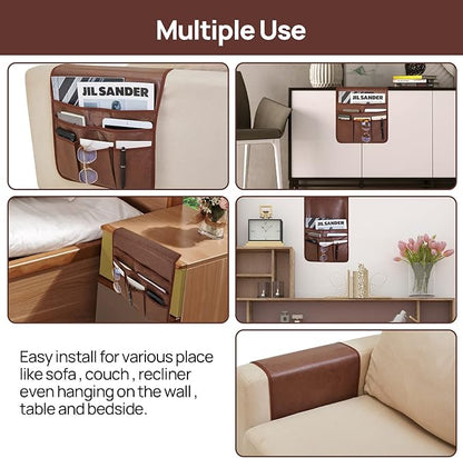 Teniux Remote Control Holder Faux Leather Armrest Organizer with 6 Pockets for recliner couch sofa, Armchair Caddy for Smart Phone, Book, Magazines, Ipad, Remotes (Brown)