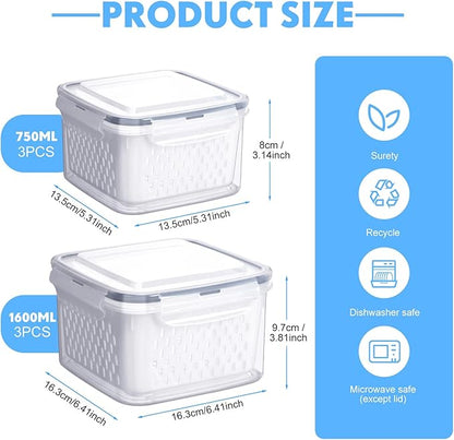 Potchen 6 Pcs Fruit Storage Containers for Fridge, Food Storage Containers Berry Produce Fridge Organizer with Removable Colander Keep Fruits, Vegetable, Veggie, Meat Fresh Longer(Medium, Small)