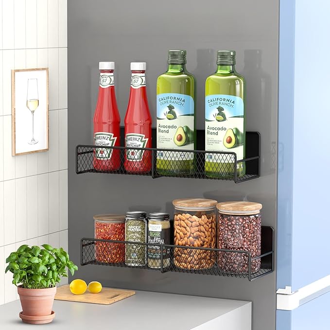 Magnetic Spice Rack for Refrigerator, 2 Pack Magnetic Shelf for Fridge with 4 Hooks, Black Magnetic Shelves, Organization and Storage Kitchen, Magnet Shelf for Fridge, Cabinet Organization