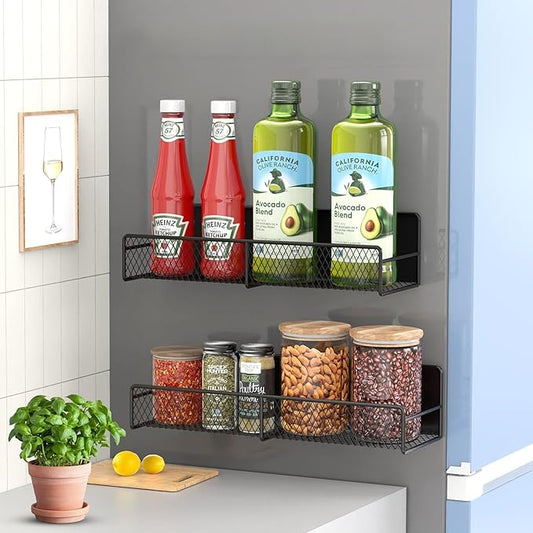Magnetic Spice Rack for Refrigerator, 2 Pack Magnetic Shelf for Fridge with 4 Hooks, Black Magnetic Shelves, Organization and Storage Kitchen, Magnet Shelf for Fridge, Cabinet Organization