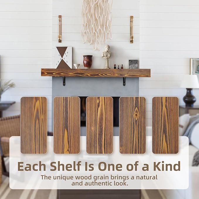 ROOMTEC Fireplace Mantel, 48" Floating Fireplace Shelves, Wall Mounted Wooden Display Shelving, Handcrafted Wood Brack, Natural Mantels Over Fireplace | 48" x 8" x 3" - Wood Brown
