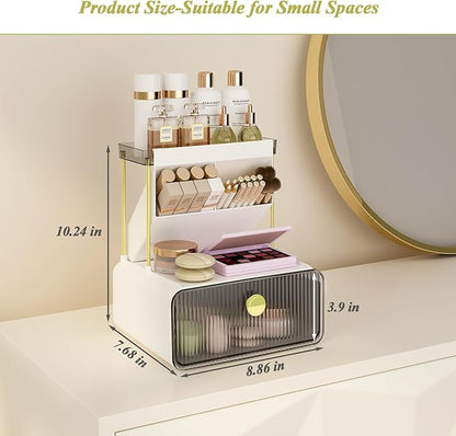 FOLLOWIN Bathroom Counter Organizers and Storage with Drawer,Cosmetic Organizer with Make Up Brush Holder,Perfume Makeup Shelf,3-Tier Vanity Storage,Smoky Gray