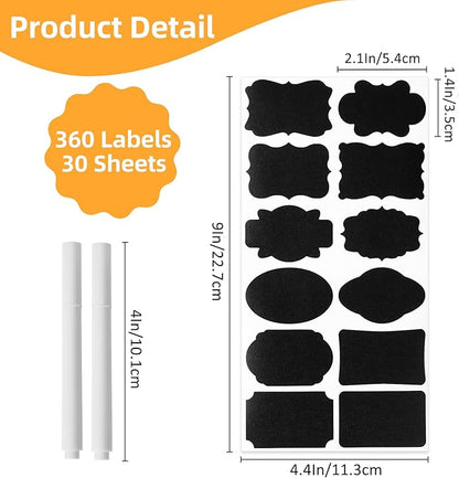 360Pcs Chalkboard Labels – 2.1x1.4 Inch Reusable Blackboard Stickers with 2 White Erasable Chalk Markers, 12 Assorted Shapes, for Mason Jars, Food Containers, and Pantry Storage (Pack of 2)