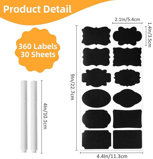 360Pcs Chalkboard Labels – 2.1x1.4 Inch Reusable Blackboard Stickers with 2 White Erasable Chalk Markers, 12 Assorted Shapes, for Mason Jars, Food Containers, and Pantry Storage (Pack of 2)