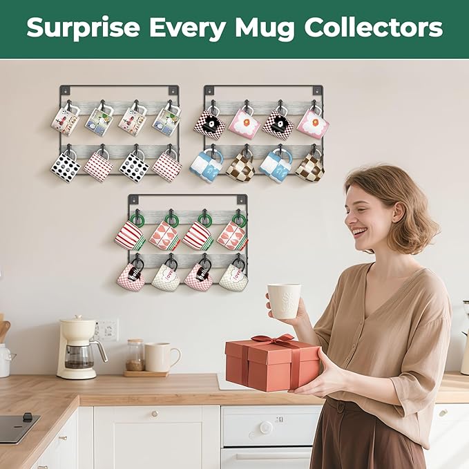 EsLuker.ly Mug Holder Hanger Rack Wall Mounted Wooden 3 Pack Coffee Cup Storage Organizer Display Shelf with 24 Removable Plastic Hooks, Ideal for Mug Collectors, Light Grey-Black