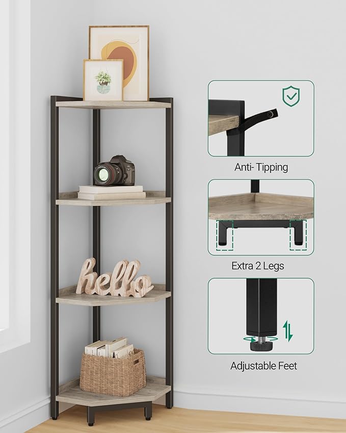 Corner Shelf Stand, Corner Bookshelf, Storage Standing Shelf Unit with Metal Frame, Plant Stand, Corner Bookcase for Living Room, Home Office, Bedroom, 4-Tier Greige CS05805B