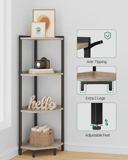 Corner Shelf Stand, Corner Bookshelf, Storage Standing Shelf Unit with Metal Frame, Plant Stand, Corner Bookcase for Living Room, Home Office, Bedroom, 4-Tier Greige CS05805B