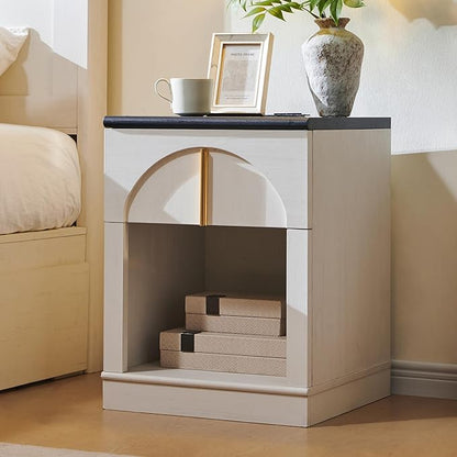 ACCOHOHO Modern Night Stand with Arched Panel,18" Wooden nightstand with Charging Station,Bedside Table with Drawer Storage,Side End Table with Open Shelf for Bedroom,Living Room,White