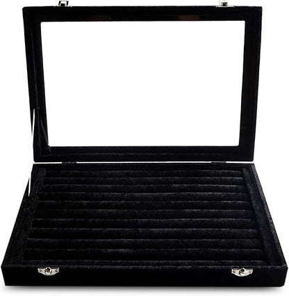 Frebeauty Rings/Earrings Organizer Tray with Clear Lid 10 Slots Velvet Drawer Insert Jewelry Storage box with Transparent Glass lid Jewelry Display Case Showcase Gift for Girls Women (Black, 10 Slots)