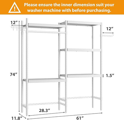 Over the Washer and Dryer Storage Shelf, 5-Tier Laundry Room Shelves with Hanger Rod & Hooks, Space-Saving Storage Shelf with Adjustable Height for Laundry Room, 61" W x 11.8" D x 74" H(White)