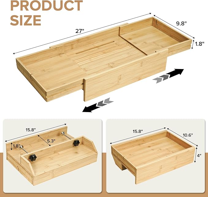 High Capacity Bedside Shelf, Bunk Bed Side Table, Loft Nightstand Organizer Tray, Loft Bed Shelf with Scalable Tray for Dorm Room, Clip On Nightstand with Cord Holder - Natural Bamboo