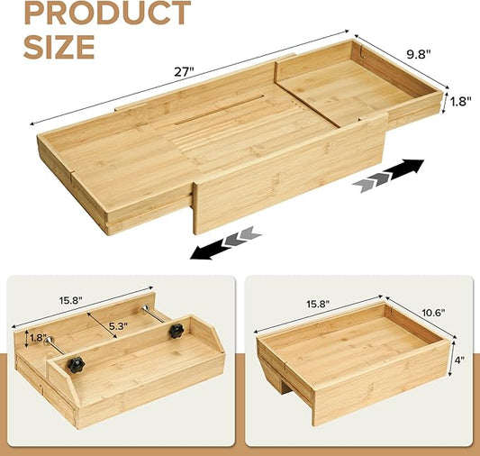 High Capacity Bedside Shelf, Bunk Bed Side Table, Loft Nightstand Organizer Tray, Loft Bed Shelf with Scalable Tray for Dorm Room, Clip On Nightstand with Cord Holder - Natural Bamboo