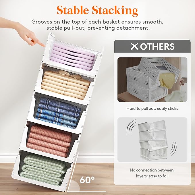 Lifewit 6 Pack Stackable Closet Organizers and Storage Basket for Clothes, Plastic Storage Bins for Wardrobe, Multifunctional Drawer Organizer for Bathroom, Kitchen, Laundry Room, Office, Dorm, White